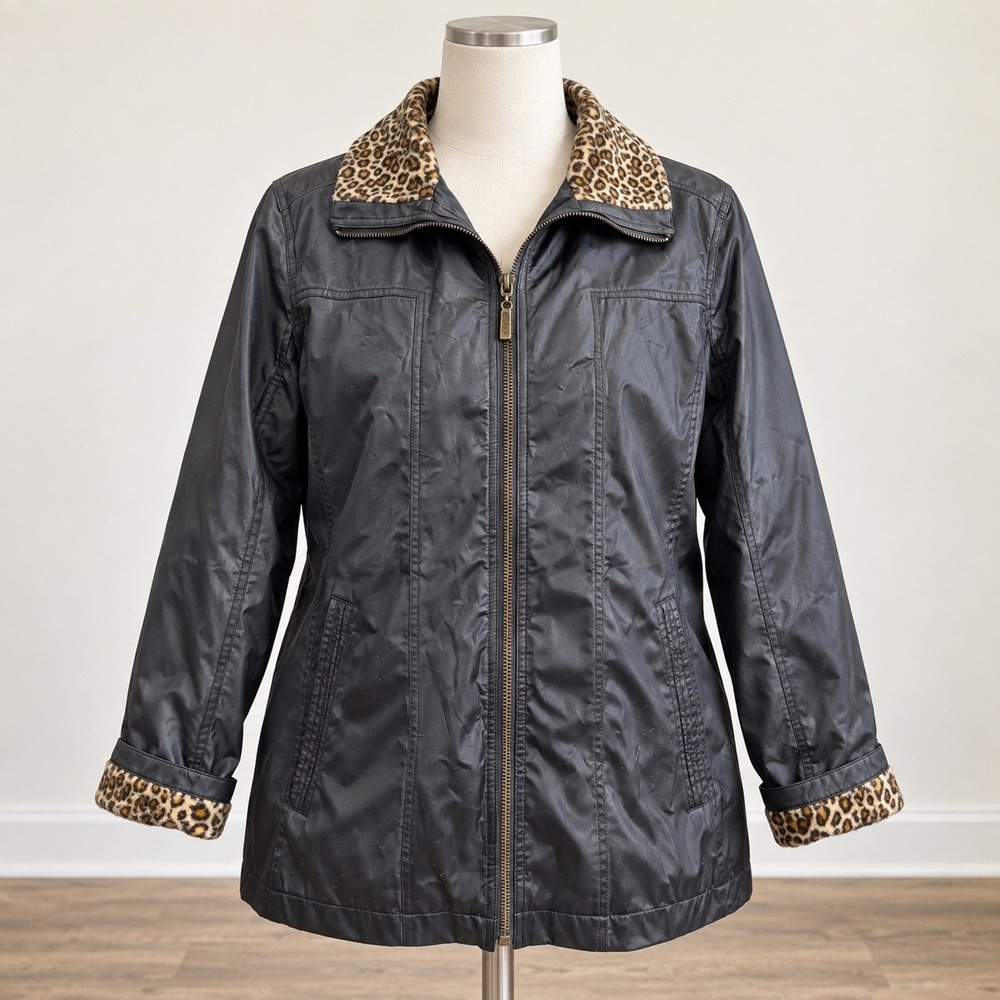 CS Signature Black Jacket Leopard Faux Fur Trim Zip Up Pockets Womens 1X